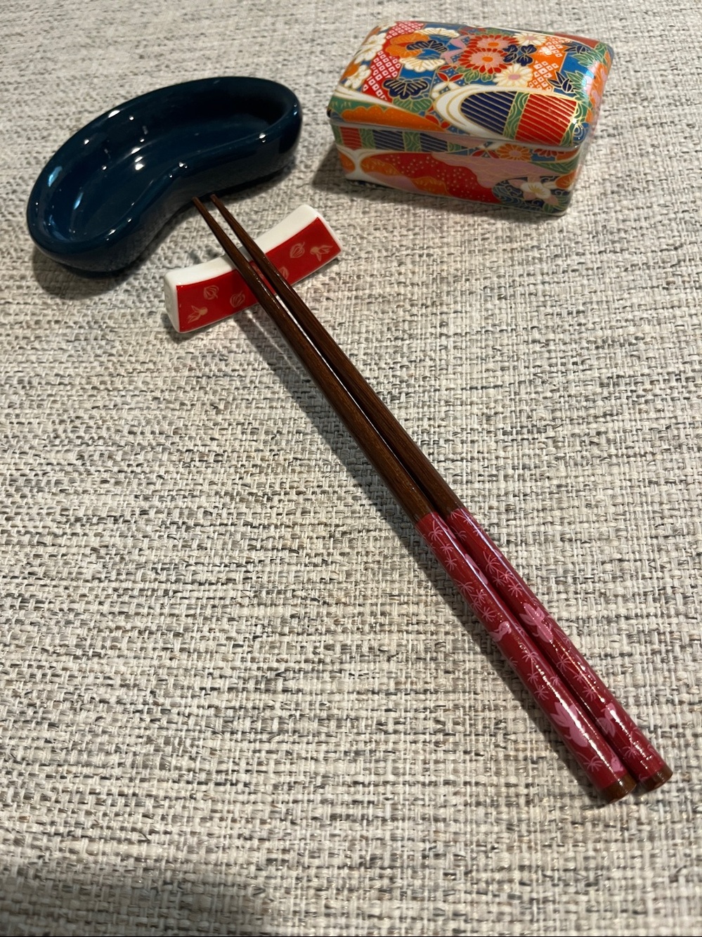 Authentic Japanese Ceramic Chopsticks with stand and covered dish